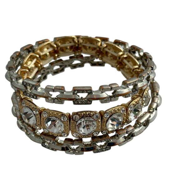 Lot 3 Stretch Bracelets Gold Tone Silver Tone Rhinestones Sparkle Stackable - Picture 3 of 9